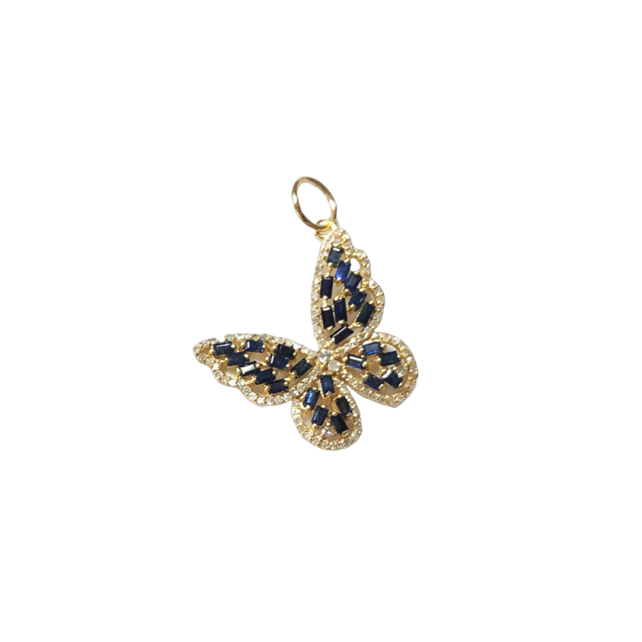 14K Gold Diamond & Sapphire Baguette Butterfly Charm