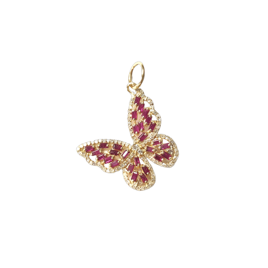 14K Gold Diamond & Ruby Baguette Butterfly Charm