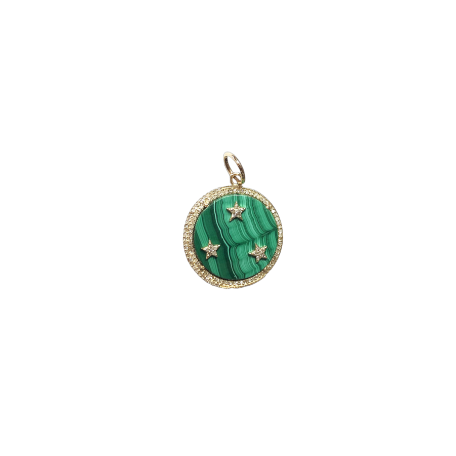 14K Gold Malachite & Diamond 3-Star Disc Charm