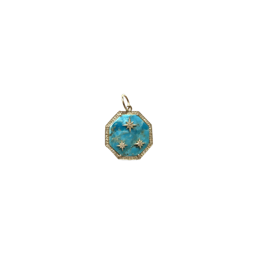 14K Gold Turquoise & Diamond 3-Starburst Octagon Charm