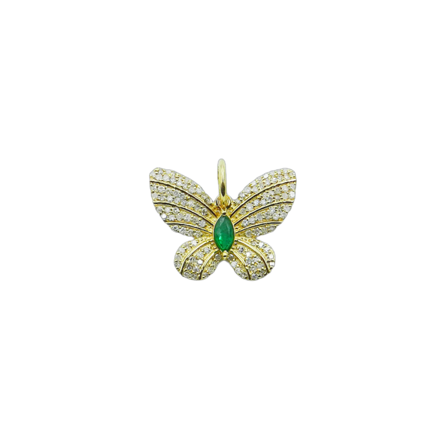 14K Gold Diamond & Emerald Marquise Butterfly Charm