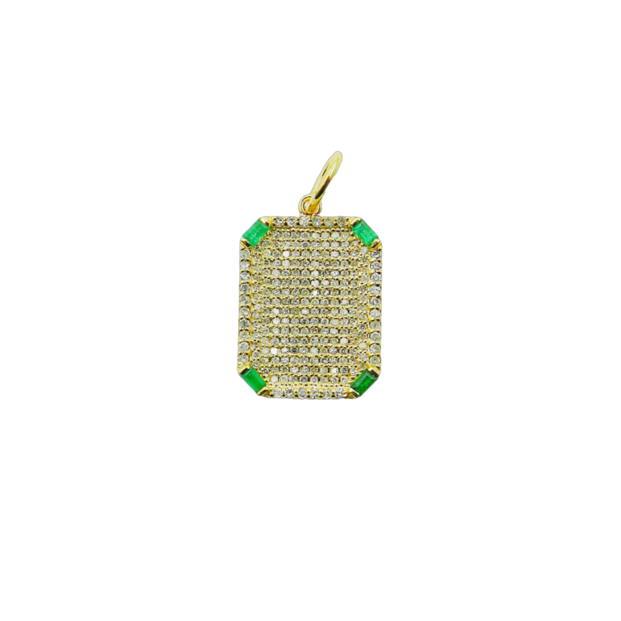 14K Gold Diamond & Emerald Baguette Dogtag Charm
