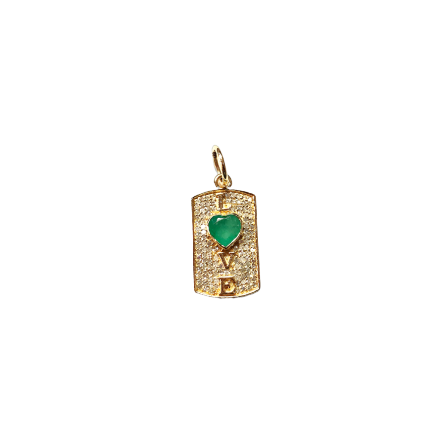 14K Gold Diamond & Emerald 'Love' Dogtag Charm
