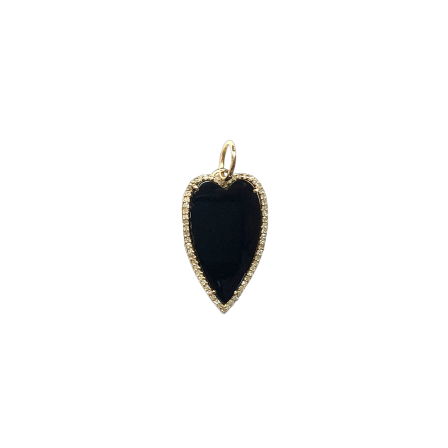 14K Gold Elongated Black Onyx & Diamond Heart Charm