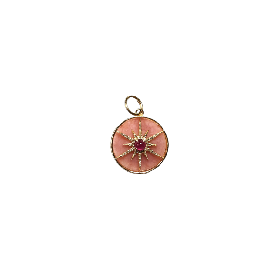 14K Gold Diamond, Pink Opal, & Ruby Starburst Disc Charm