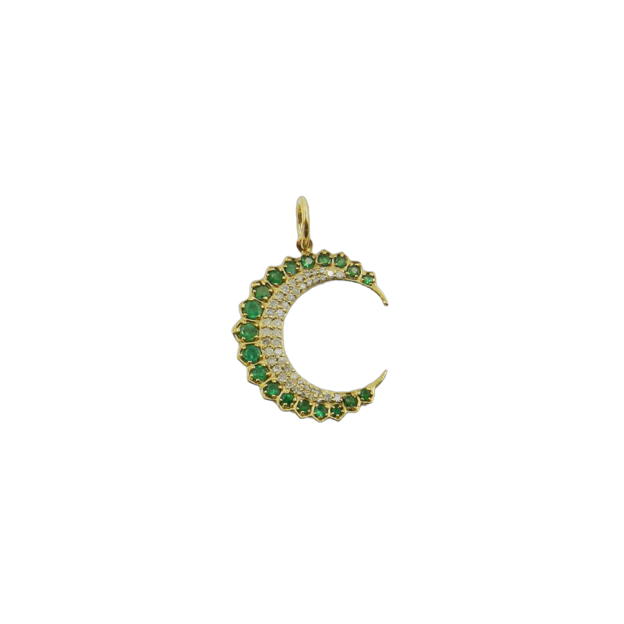 14K Gold Emerald & Diamond Crescent Moon Charm