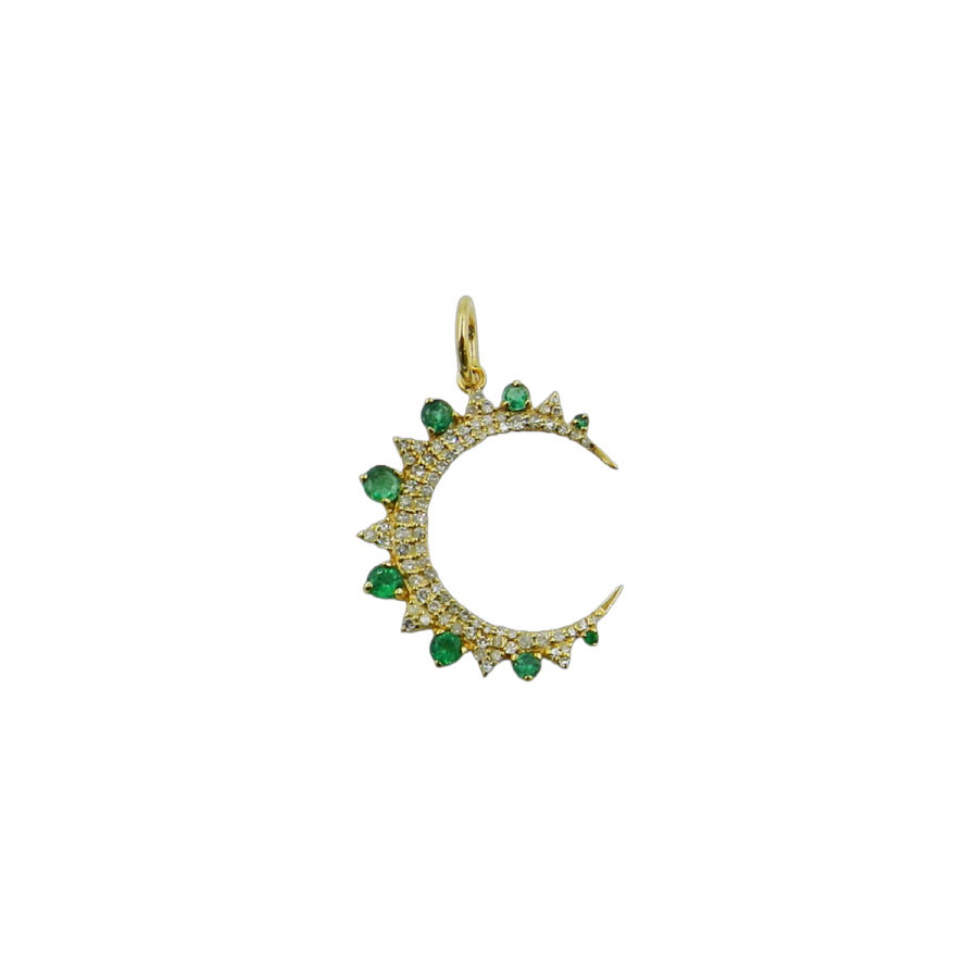 14K Gold Emerald & Diamond Crescent Moon Charm