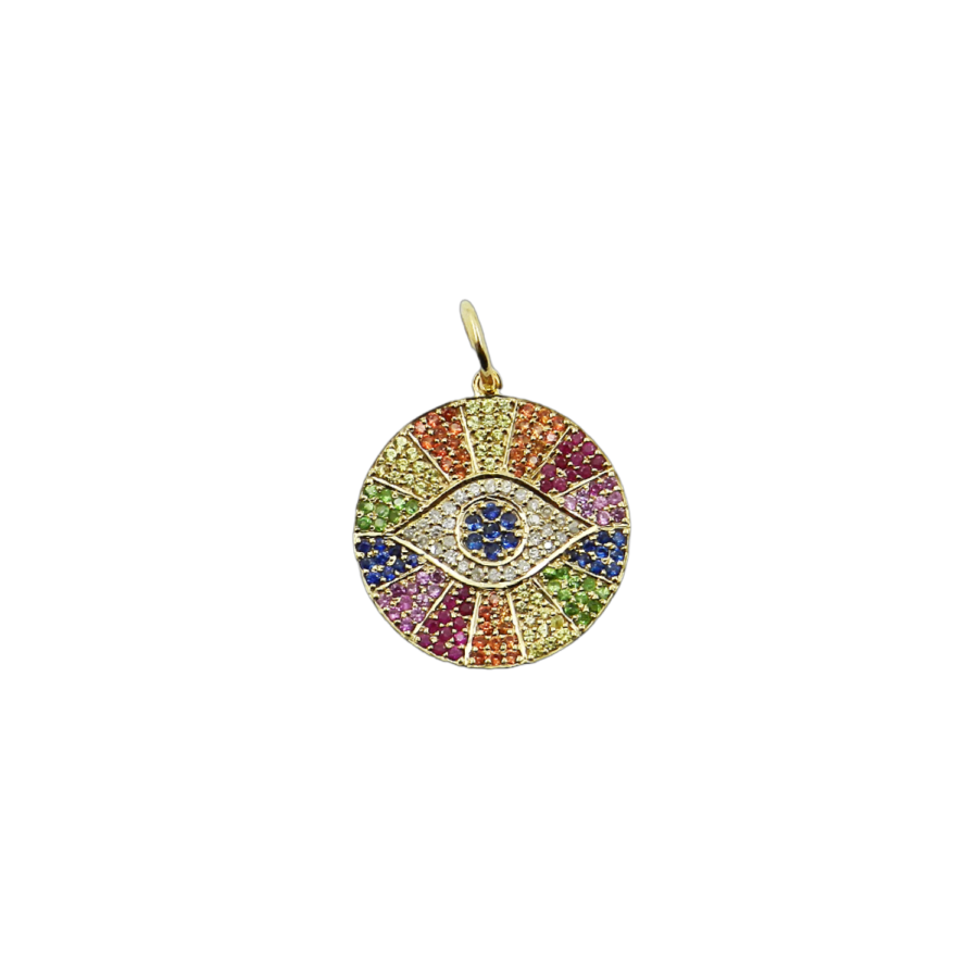 14K Gold Multi-Sapphire Evil Eye Disc Charm