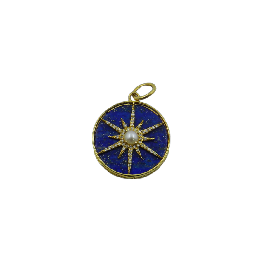 14K Gold Lapis, Pearl, & Diamond Starburst Charm