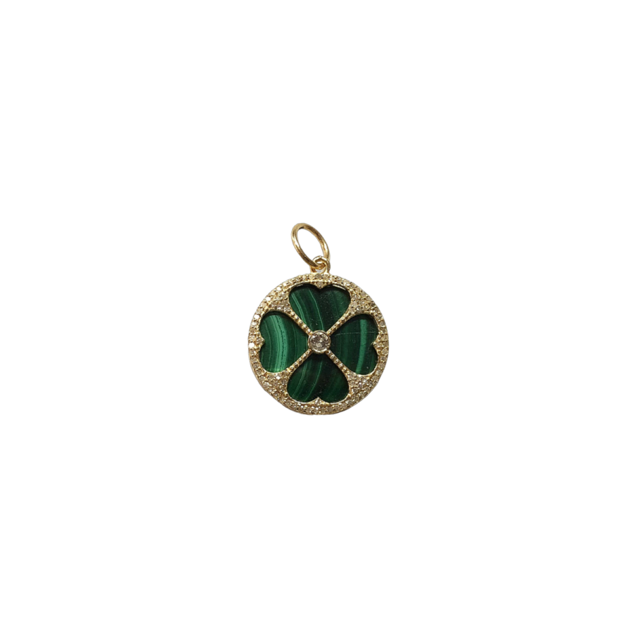 14K Malachite & Diamond Clover Disc Charm