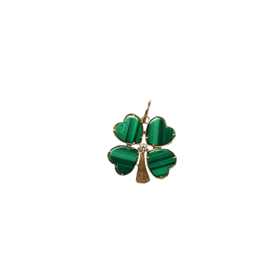 14K Gold Malachite & Diamond Clover Charm