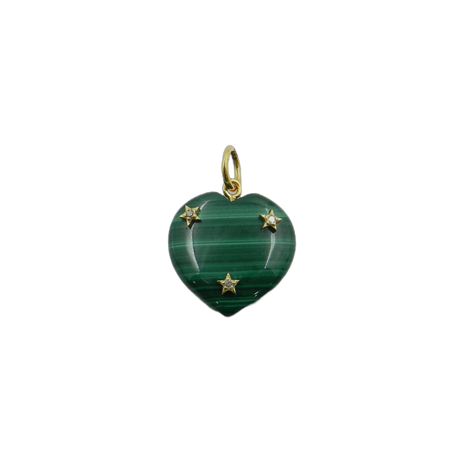 14K Gold Malachite & Diamond 3-Star Heart Charm