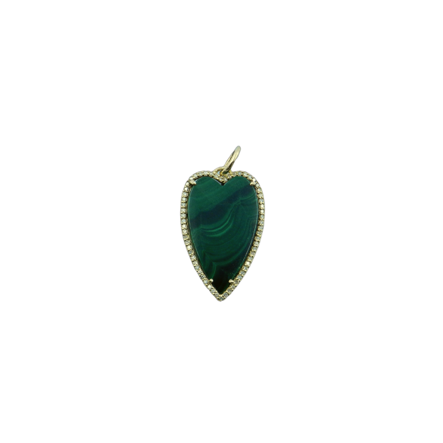 14K Gold Elongated Malachite & Diamond Heart Charm