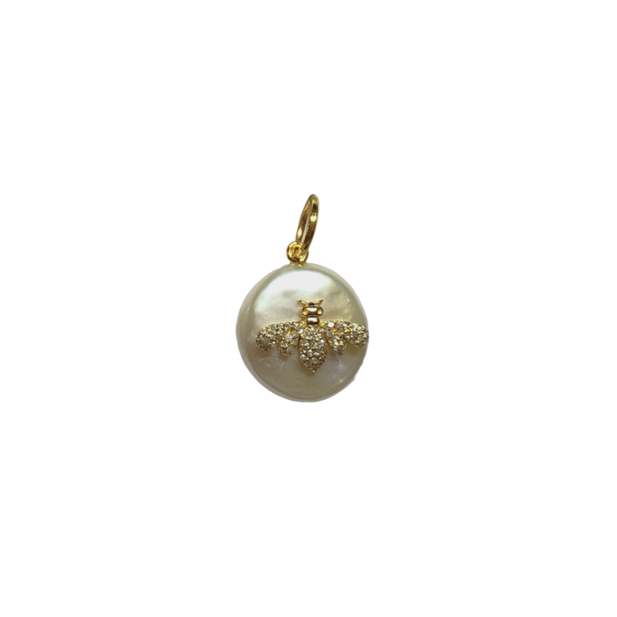 14K Gold Pearl & Diamond Bee Charm