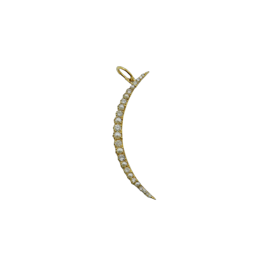 14K Gold Pearl & Diamond Crescent Moon Charm