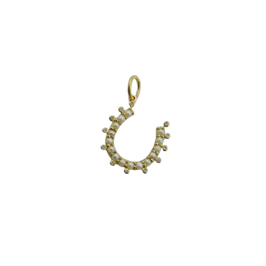 14K Gold Pearl & Diamond Horseshoe Charm