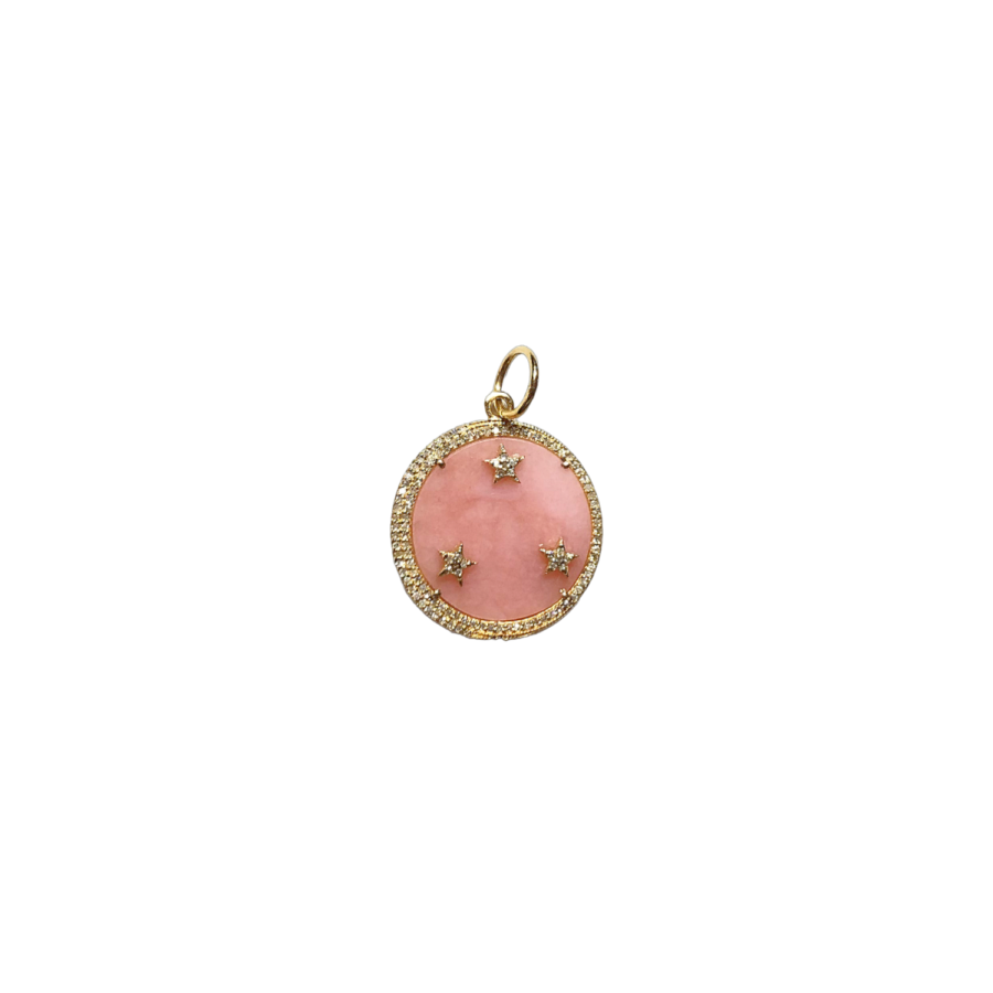 14K Gold Pink Opal 3-Star Diamond Disc Pendant