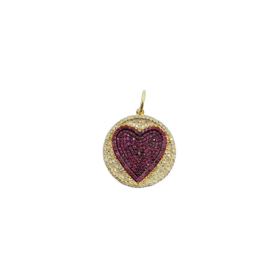 14K Gold Ruby Heart Imprint Disc Charm