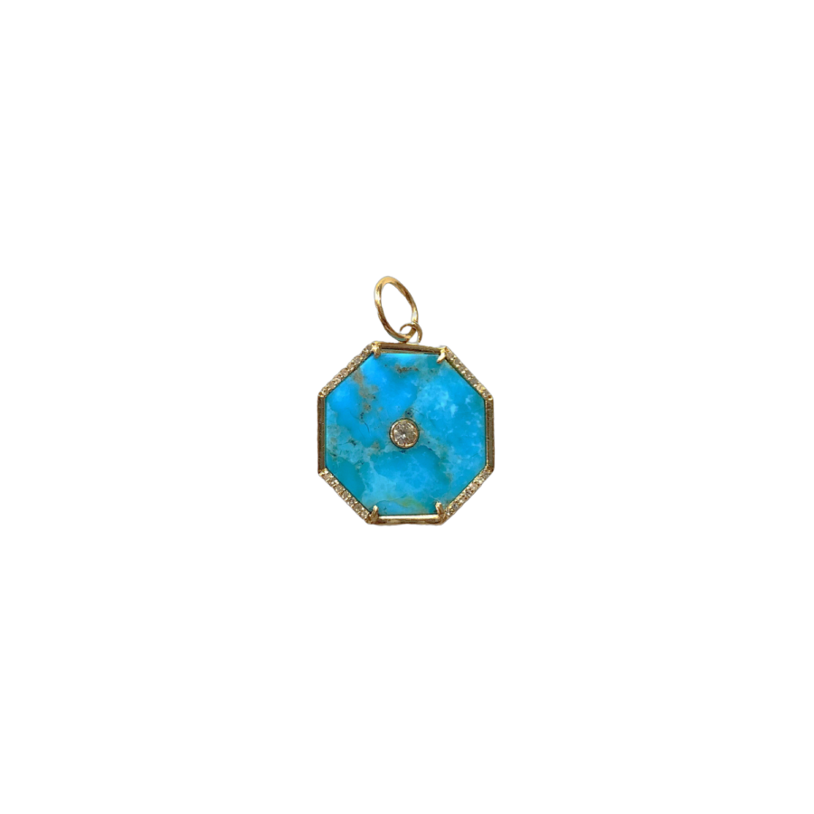 14K Gold Turquoise & Diamond Octagon Charm