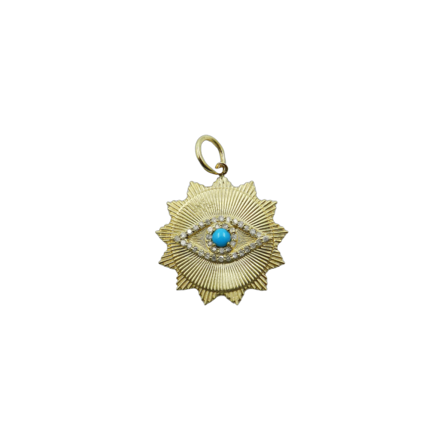 14K Turquoise & Diamond Fluted Evil Eye Disc Charm