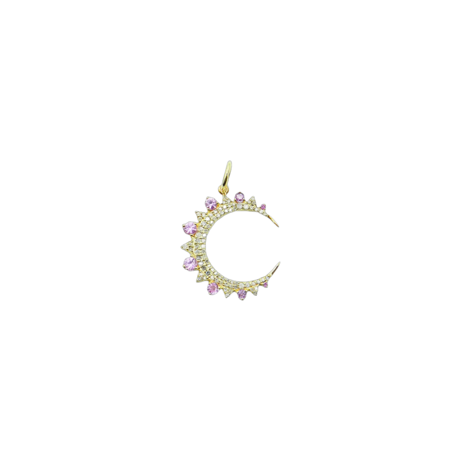 14K Gold Pink Sapphire & Diamond Crescent Moon Charm
