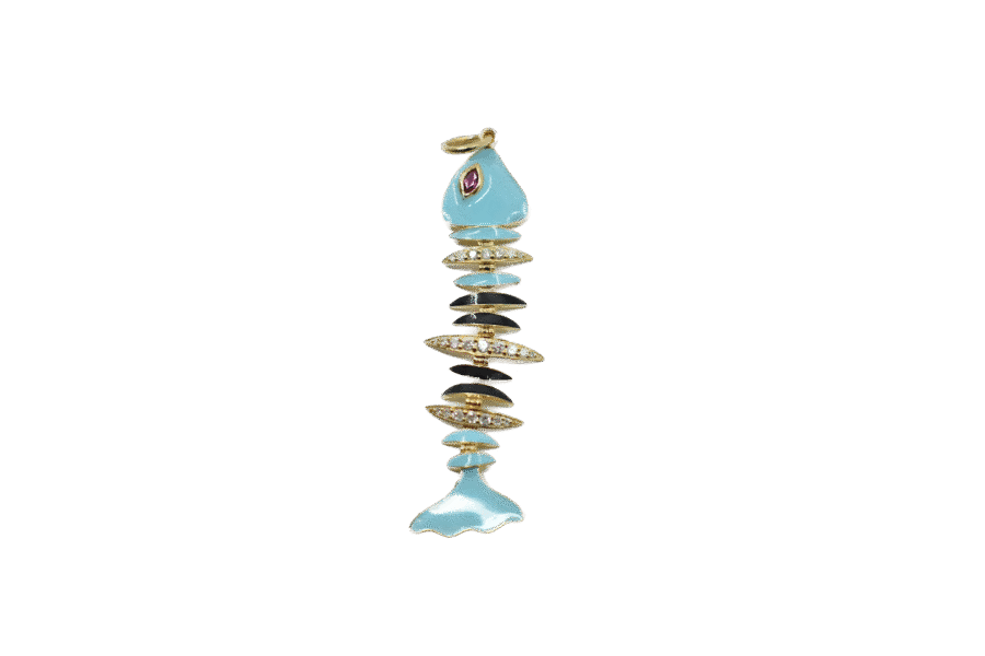 14K Gold Enamel, Ruby, Diamond Articulated Fish Bones Charm