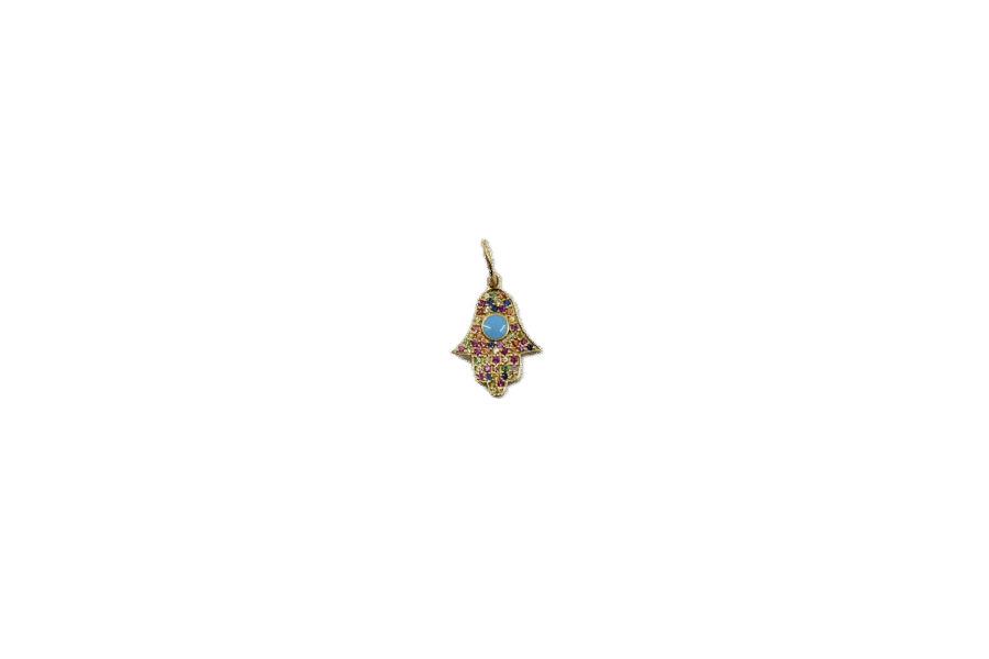 14K Gold Multi Sapphire & Turquoise Mini Hamsa Charm
