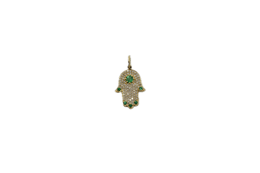14K Gold Diamond & Emerald Hamsa Charm