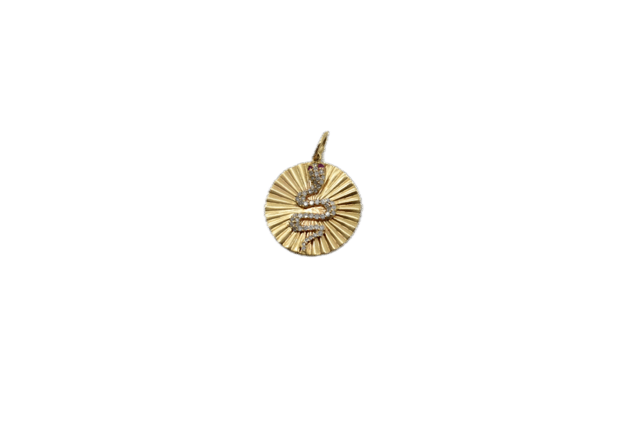 14K Gold Diamond & Ruby Snake Fluted Disc Charm