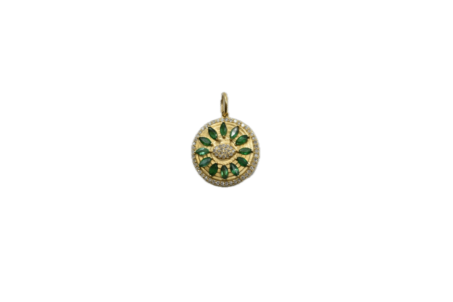 14K Gold Diamond & Marquise Emerald Disc Charm