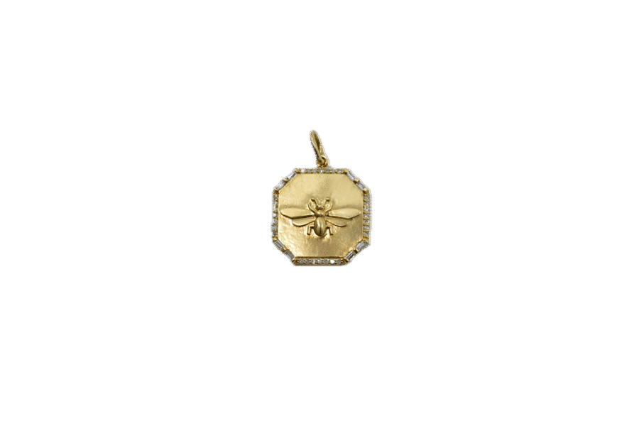 14K Gold Diamond Bee Octagonal Disc Charm
