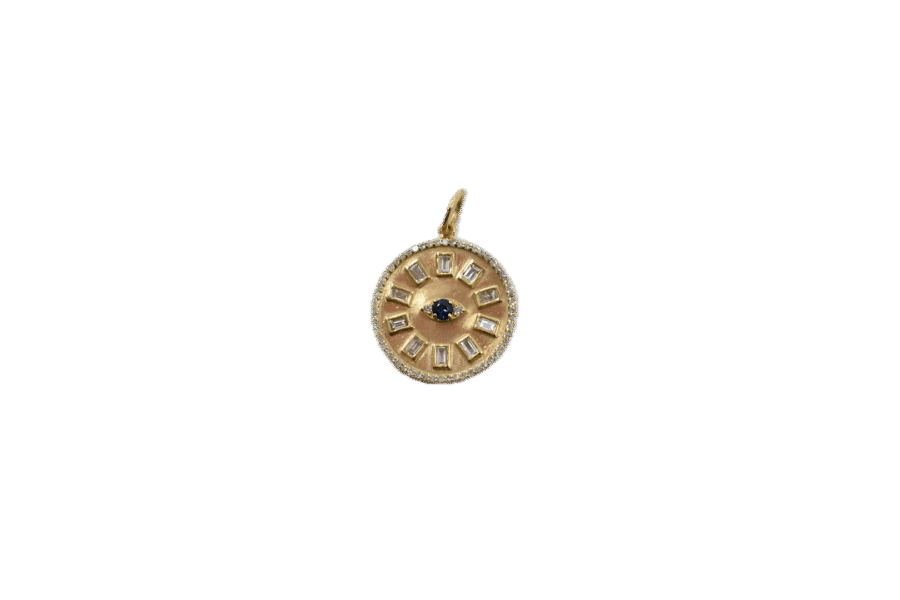 14K Gold Diamond Baguette & Sapphire Evil Eye Disc Charm