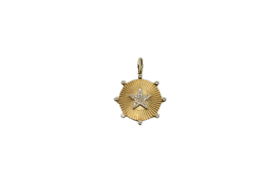 14K Gold Pavé Diamond Star Fluted Disc Charm