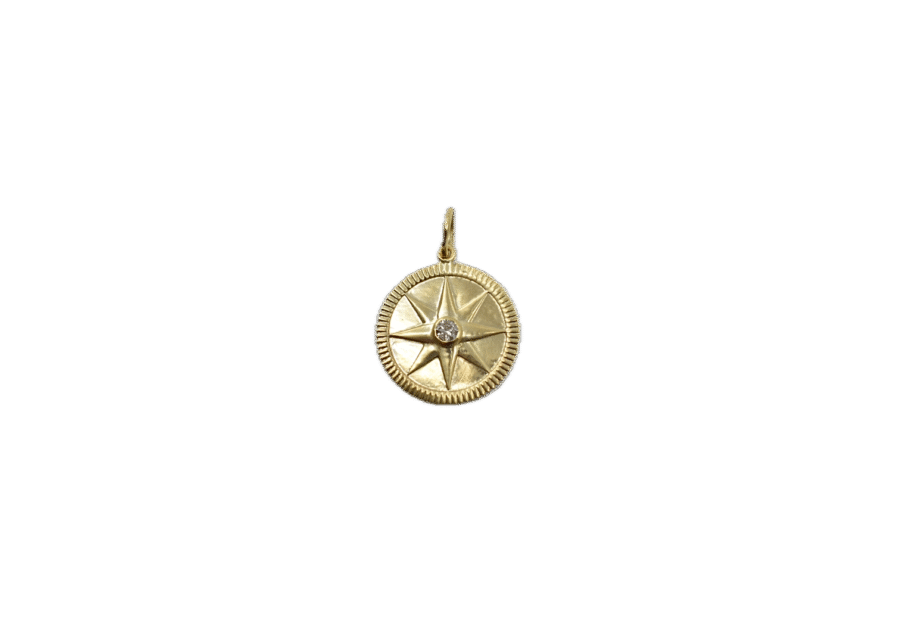 14K Gold Single Diamond Compass Disc Charm