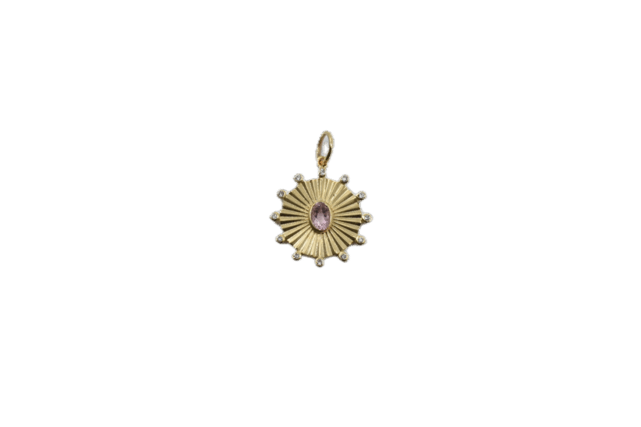 14K Gold Diamond & Pink Tourmaline Fluted Disc Charm