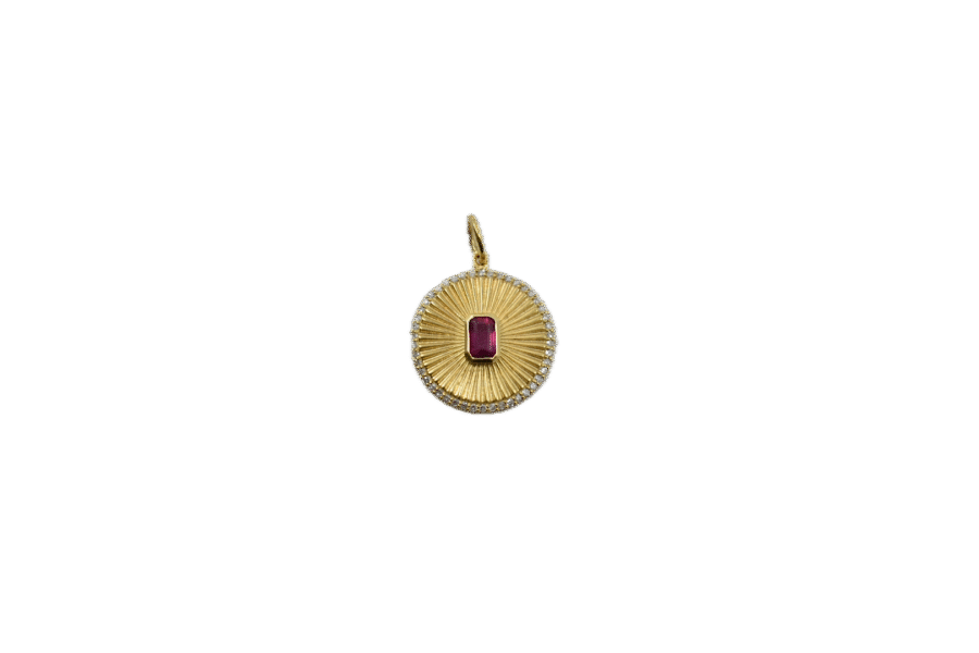 14K Gold Diamond & Ruby Fluted Disc Charm