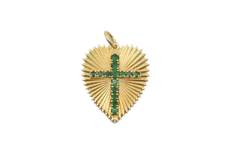 14K Gold Emerald Cross Fluted Heart Charm