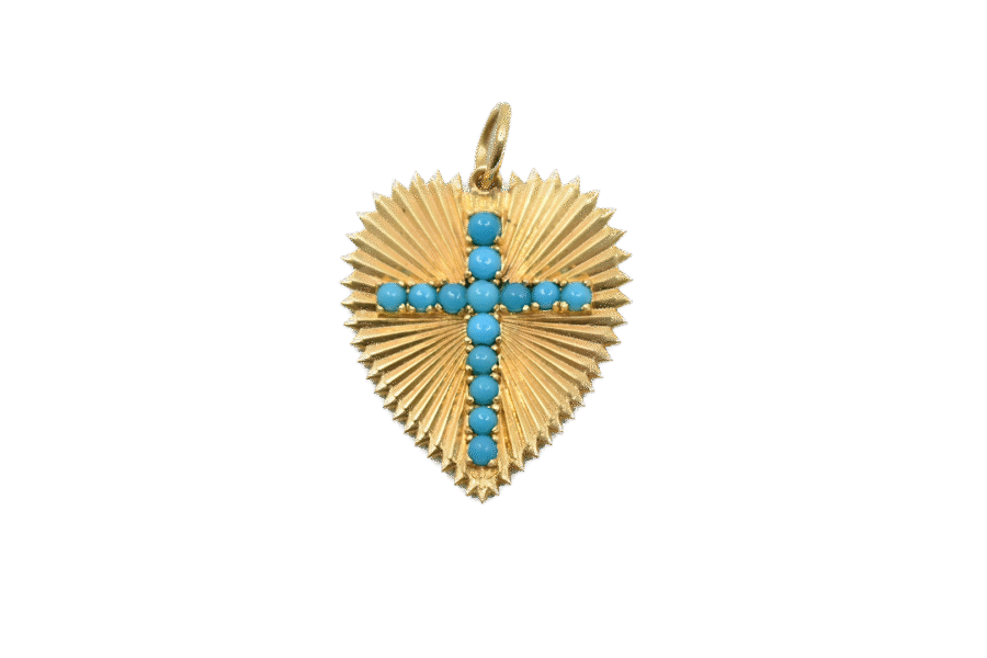 14K Gold Turquoise Cross Fluted Heart Charm