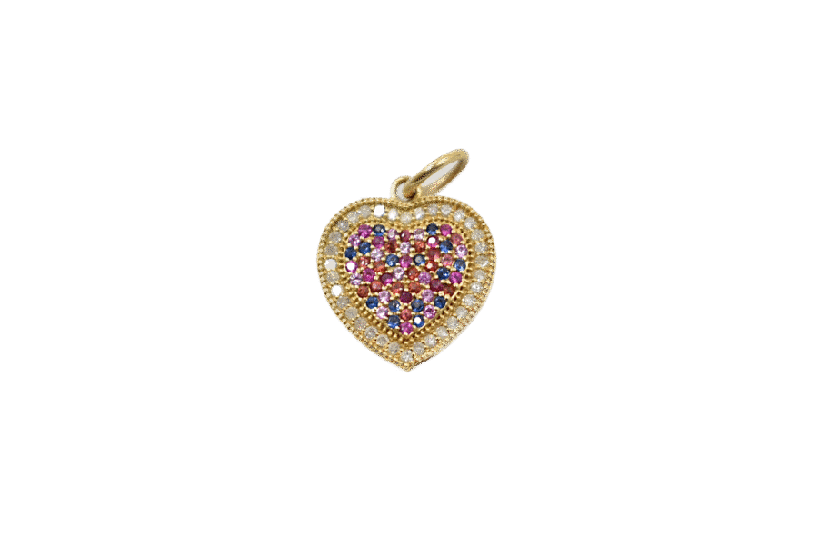 14K Gold Diamond, Ruby, & Multisapphire Heart Charm