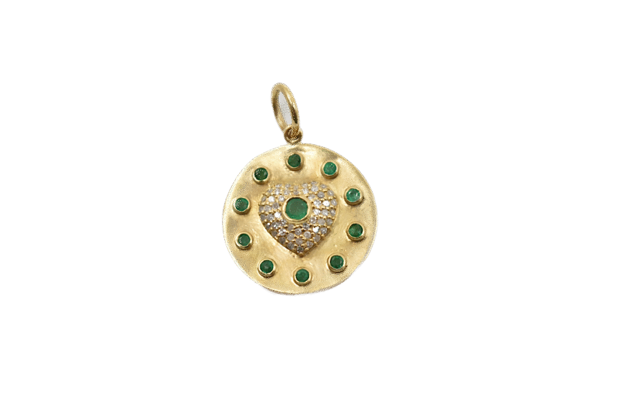 14K Gold Disc with Emerald & Diamond Heart Charm