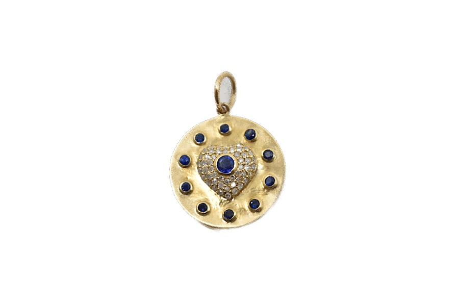 14K Gold Disc With Sapphire & Diamond Heart Charm