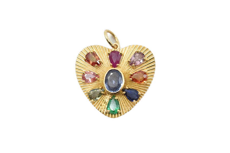 14K Gold Multi Sapphire Fluted Heart