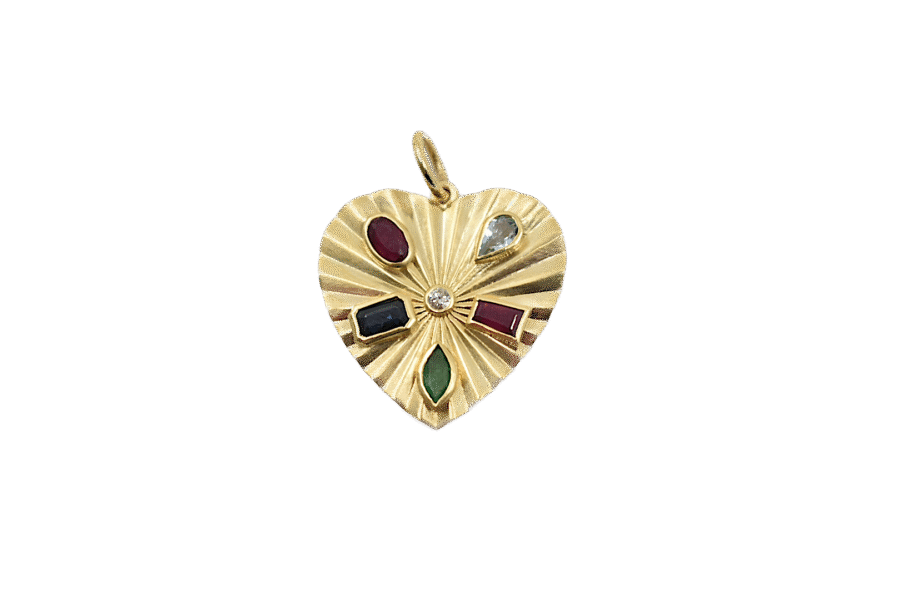14K Gold Diamond & Multi Sapphires Fluted Heart Charm