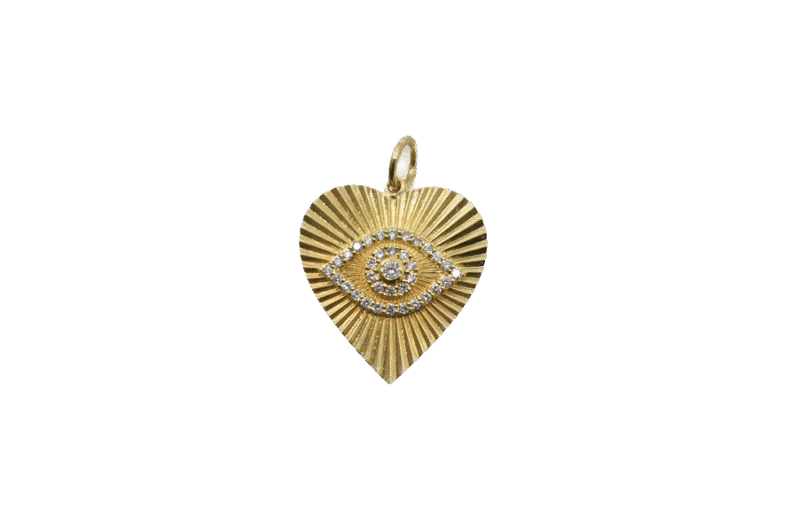 14K Gold Diamond Evil Eye Fluted Heart Charm
