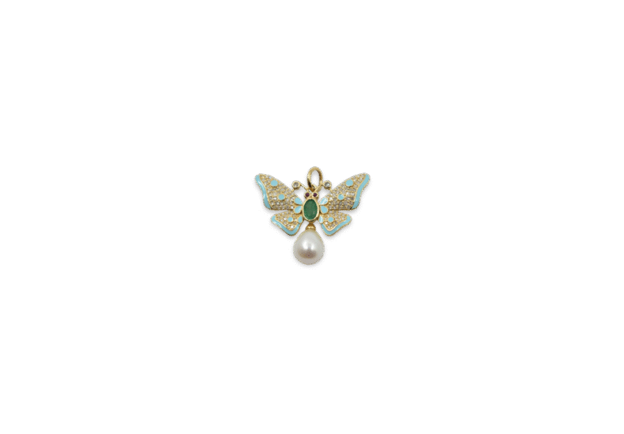 14K Gold Diamond, Emerald, Pearl, & Ruby Enamel Butterfly Charm