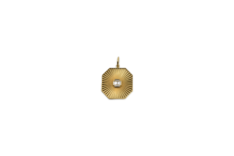 14K Gold Diamond Baguette Octagonal Fluted Disc Charm