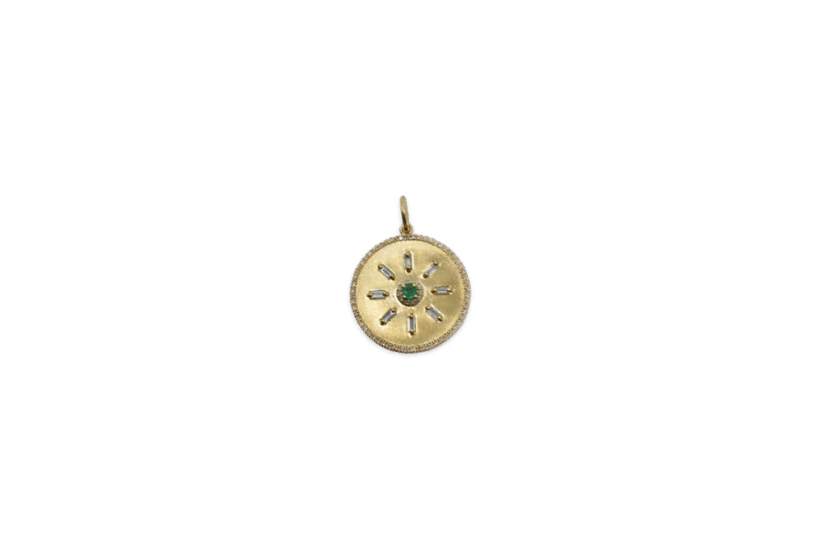 14K Diamond Baguette & Emerald Disc Charm