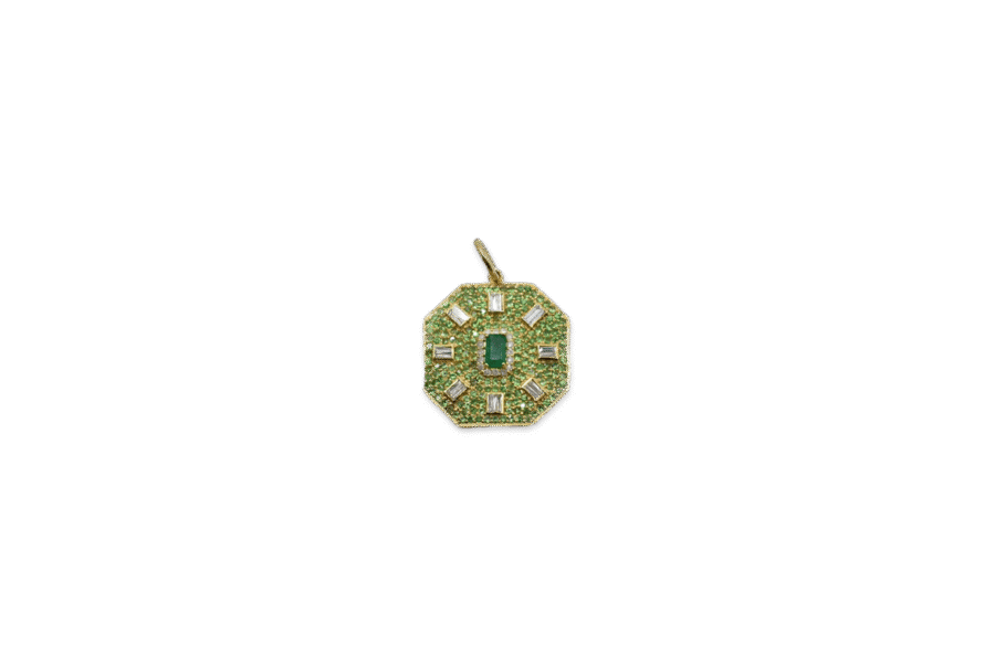 14K Diamond Baguette & Emerald Octagonal Disc Charm