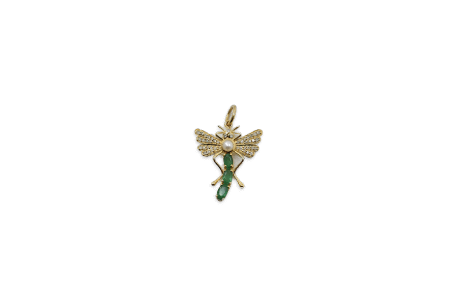 14K Gold Diamond, Emerald, & Pearl Grasshopper Charm