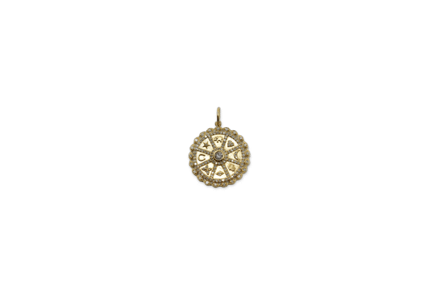 14K Gold Diamond Good Luck Icons Disc Charm